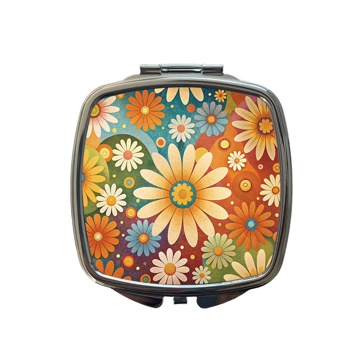 70's Retro Groovy Hippie Daisies Floral Design Small Travel Purse Handbag Pocket Makeup Compact Mirror