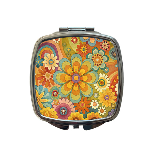 70's Retro Groovy Hippie Pretty Floral Design Small Travel Purse Handbag Pocket Makeup Compact Mirror