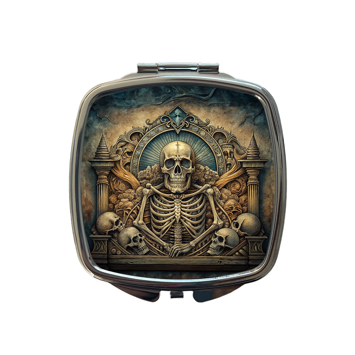 Gothic Ancient Skull Skeleton Bones Illustration Small Travel Purse Handbag Pocket Makeup Compact Mirror