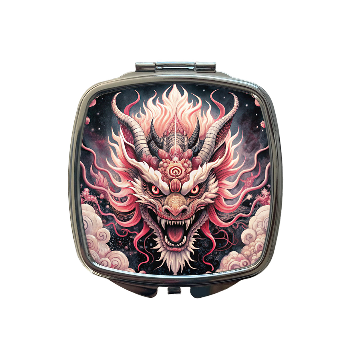 Japanese Asian Pink Spirit Dragon Art Small Travel Purse Handbag Pocket Makeup Compact Mirror