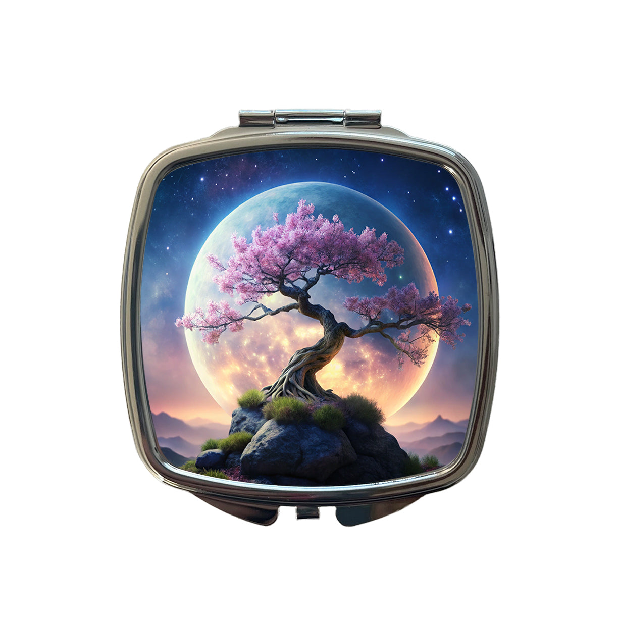 Japanese Bonsai Tree With Pink Flowers On Hill Under Large Moon Small Travel Purse Handbag Pocket Makeup Compact Mirror