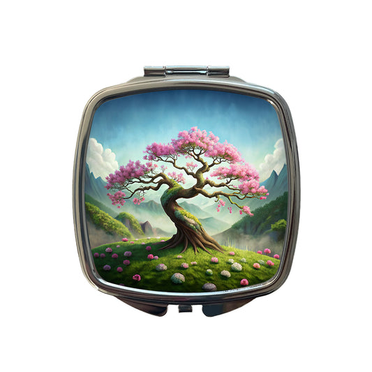 Japanese Bonsai Tree With Pink Flowers On Hillside Small Travel Purse Handbag Pocket Makeup Compact Mirror