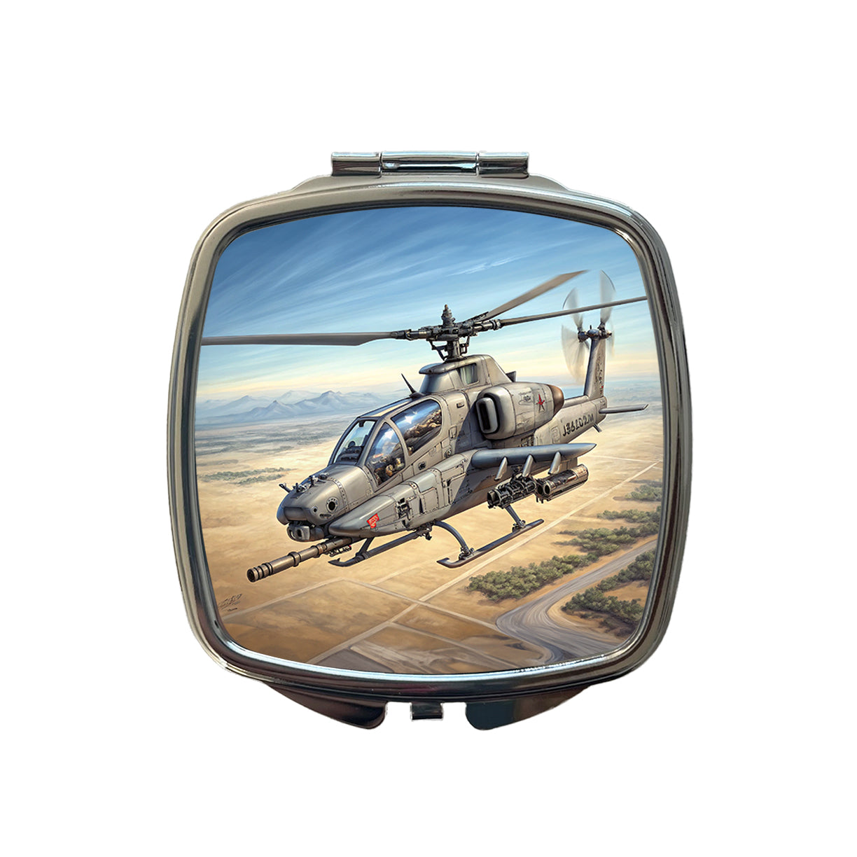 Military Gunship Helicopter In Flight Small Travel Purse Handbag Pocket Makeup Compact Mirror