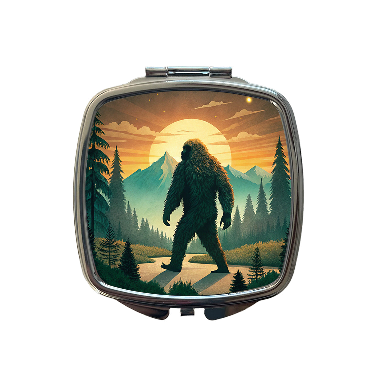 Retro Bigfoot Walking In The Woods At Sunset Small Travel Purse Handbag Pocket Makeup Compact Mirror