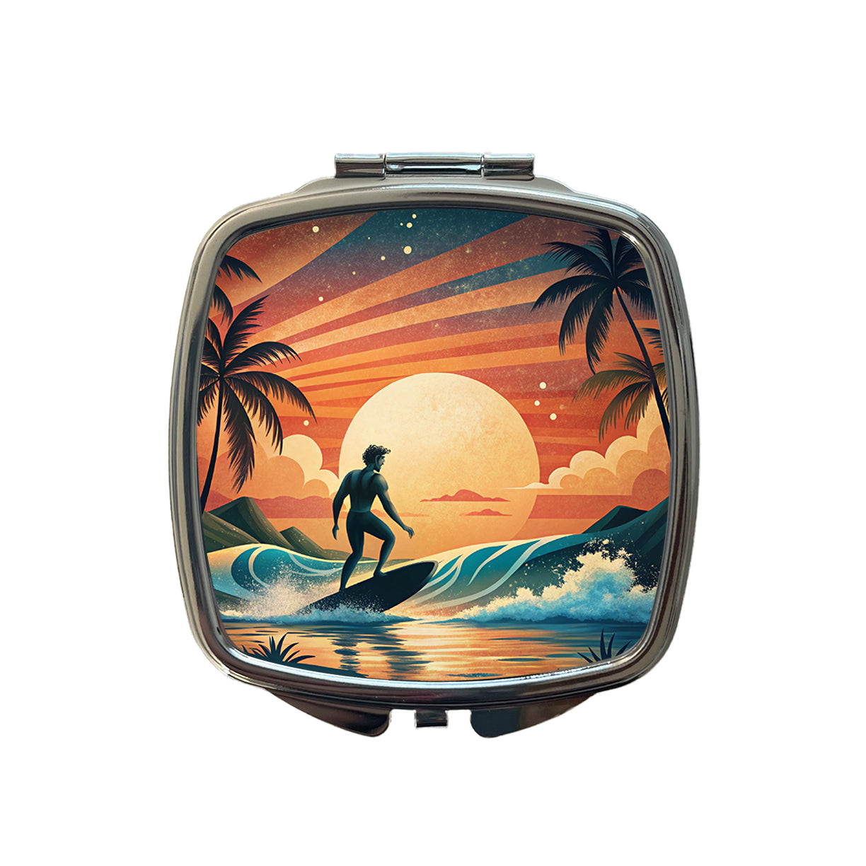 Retro Surfer Beach Tropical Sunset Illustration Small Travel Purse Handbag Pocket Makeup Compact Mirror