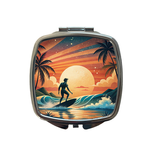 Retro Surfer Beach Tropical Sunset Illustration Small Travel Purse Handbag Pocket Makeup Compact Mirror