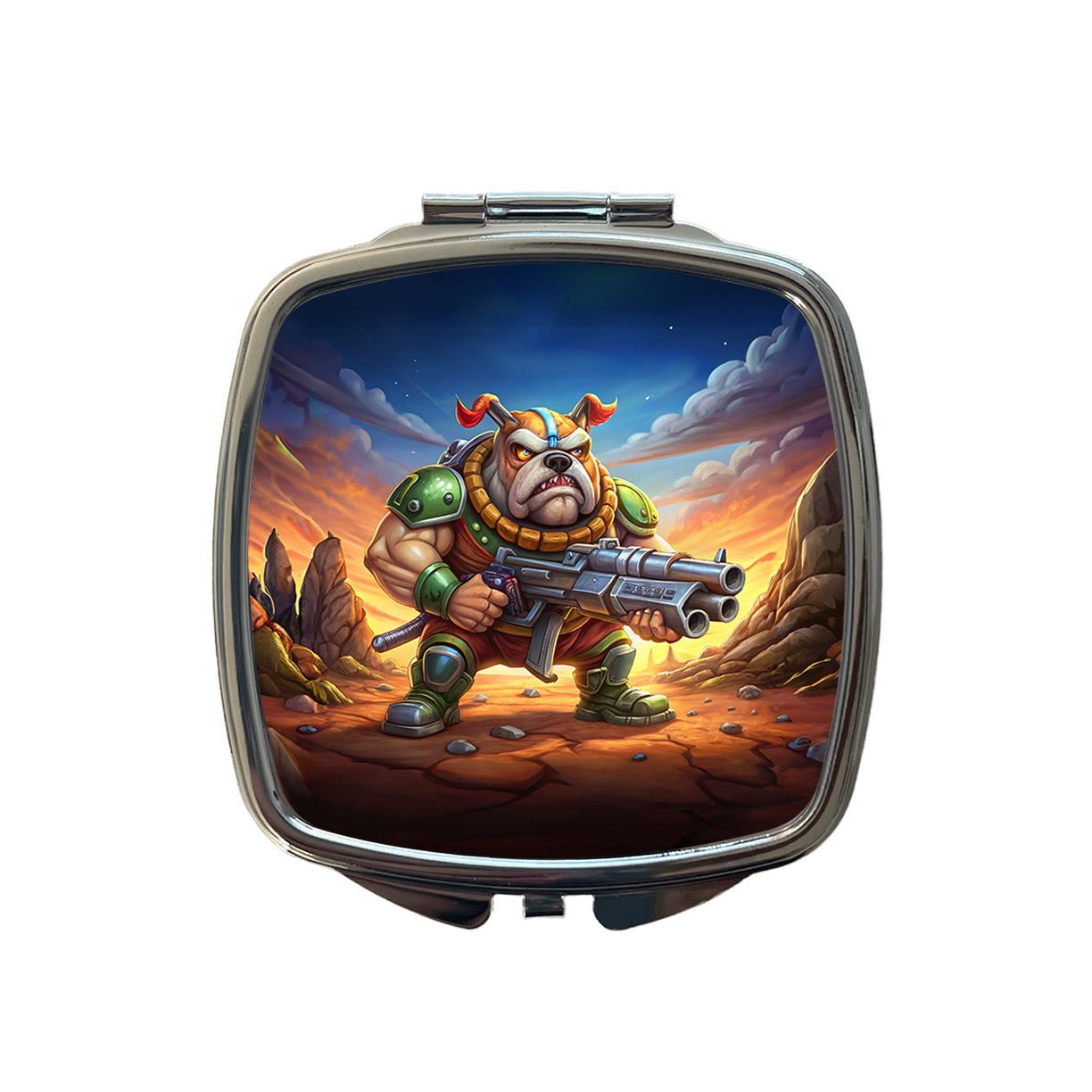 Sci-fi Cartoon Bulldog With Giant Gun Small Travel Purse Handbag Pocket Makeup Compact Mirror