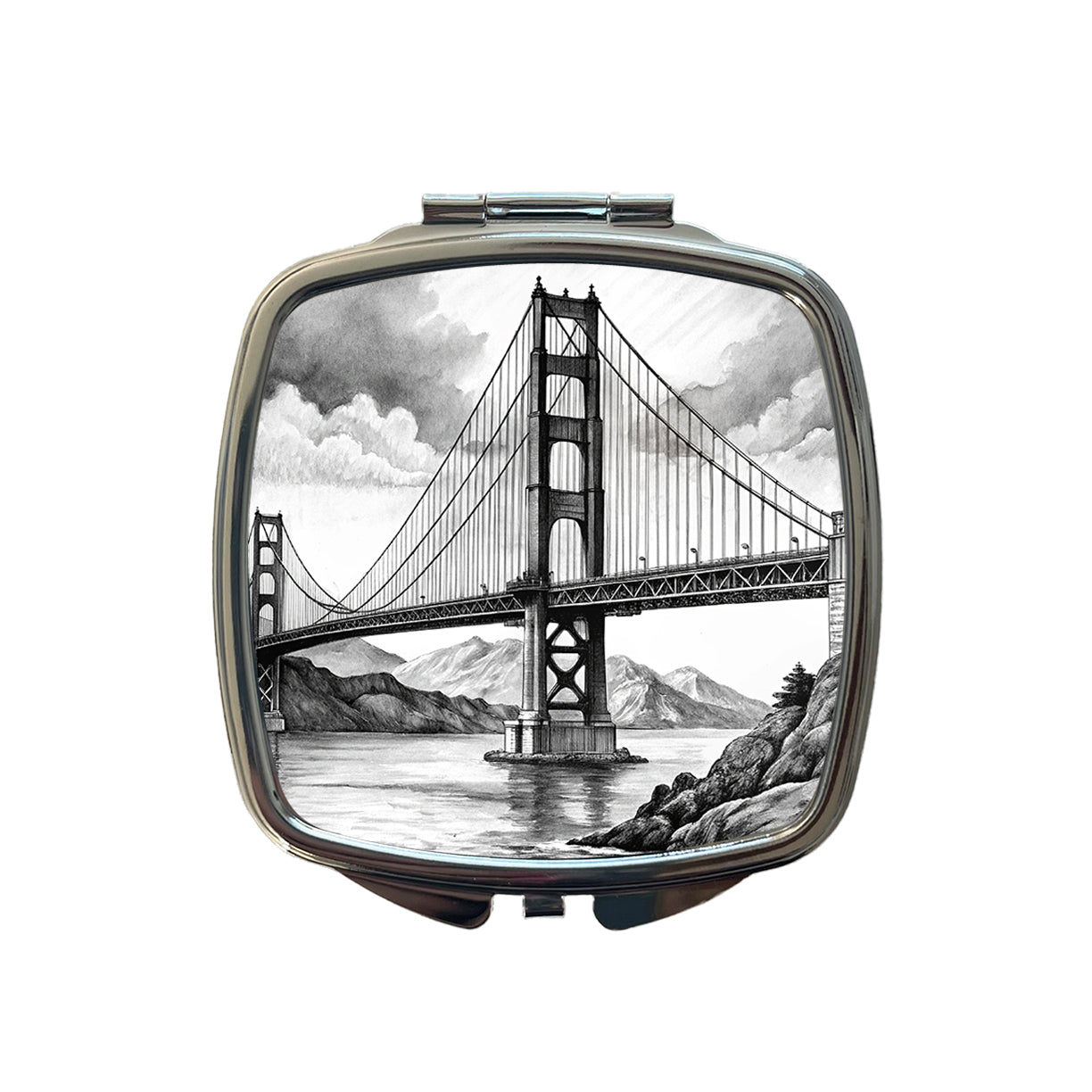 Sketch Of Golden Gate Bridge San Francisco California Small Travel Purse Handbag Pocket Makeup Compact Mirror