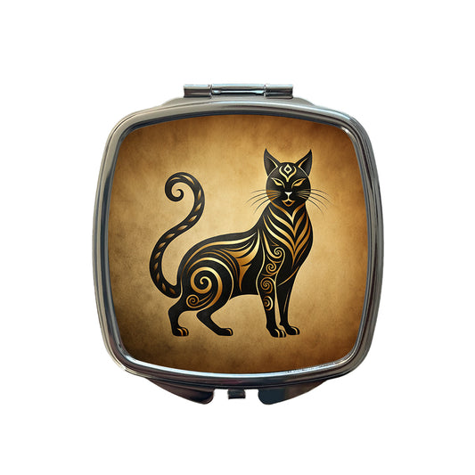 Stylized Black Cat Design Small Travel Purse Handbag Pocket Makeup Compact Mirror