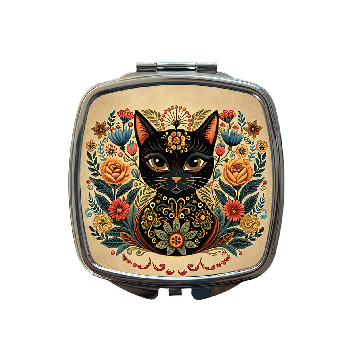Stylized Black Cat Floral Design Small Travel Purse Handbag Pocket Makeup Compact Mirror