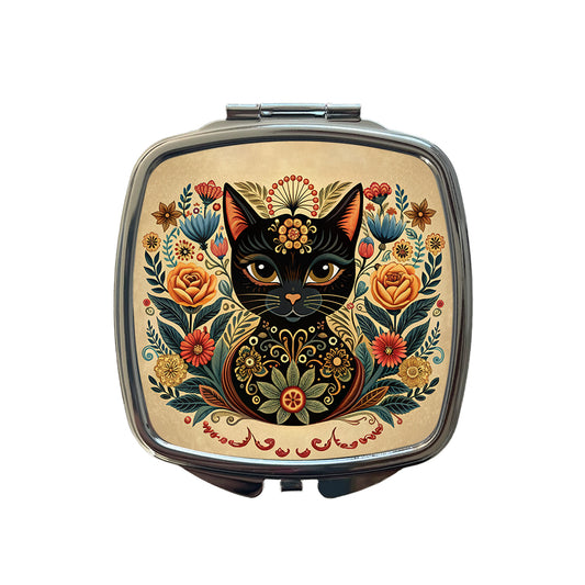 Stylized Black Cat Floral Design Small Travel Purse Handbag Pocket Makeup Compact Mirror