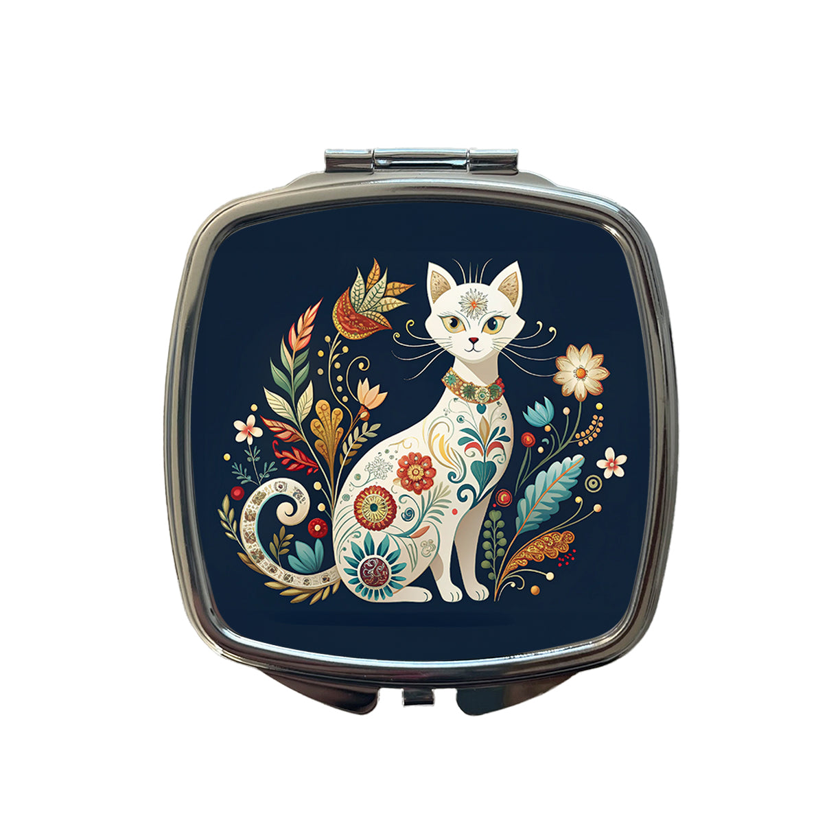 Stylized White Cat Floral Design Small Travel Purse Handbag Pocket Makeup Compact Mirror