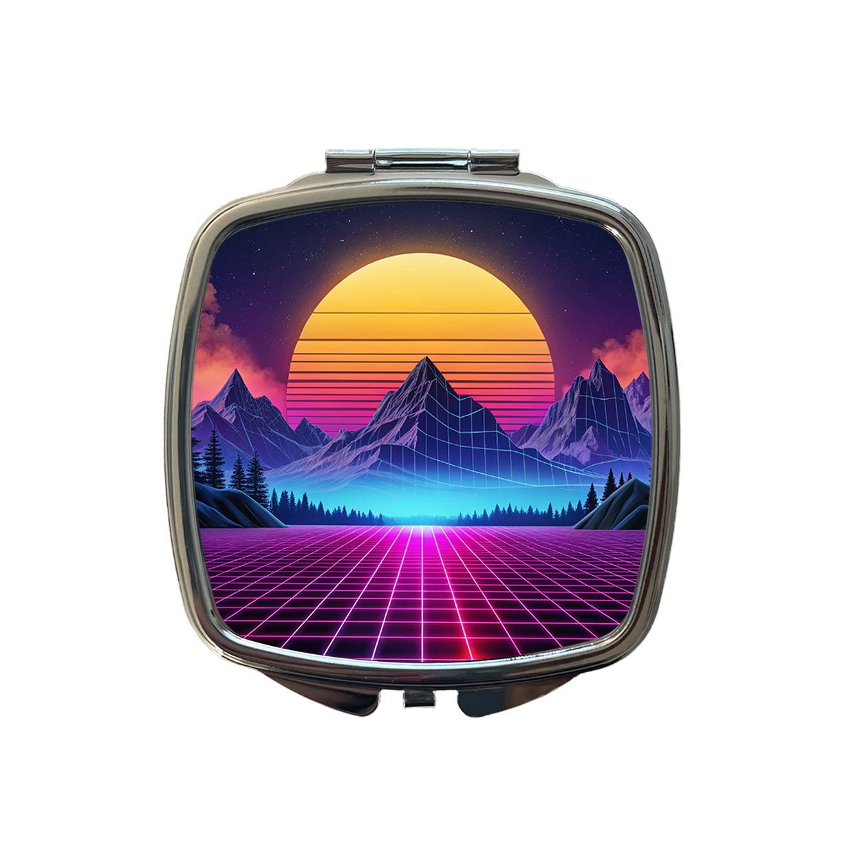 Vaporwave Retro Vector Vivid Mountain Landscape Small Travel Purse Handbag Pocket Makeup Compact Mirror