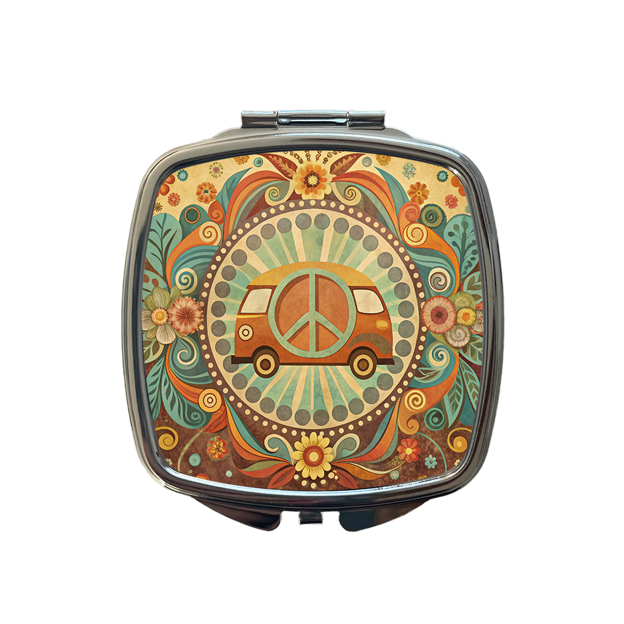 Vintage Retro Boho Hippie Van Peace Design Small Travel Purse Handbag Pocket Makeup Compact Mirror