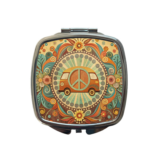 Vintage Retro Boho Hippie Van Peace Design Small Travel Purse Handbag Pocket Makeup Compact Mirror