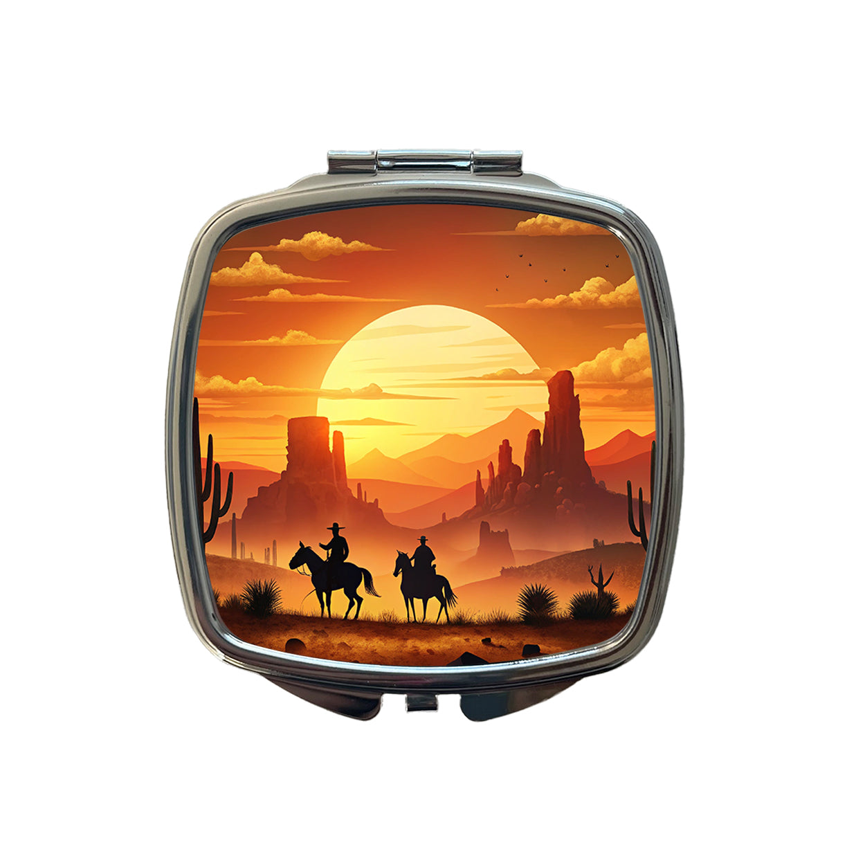 Wild West Sunset Silhouettes Southwest Landscape Small Travel Purse Handbag Pocket Makeup Compact Mirror