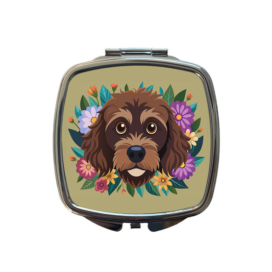 Brown Labradoodle Head Floral Motif Dog Cute Small Travel Purse Handbag Pocket Makeup Compact Mirror