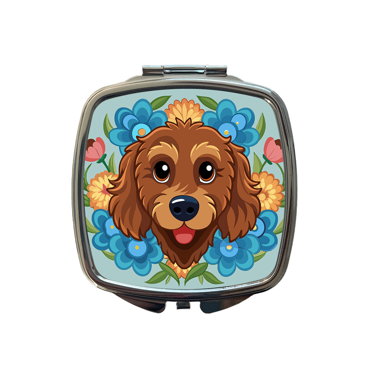 Brown Labradoodle Head Floral Motif Dog Small Travel Purse Handbag Pocket Makeup Compact Mirror