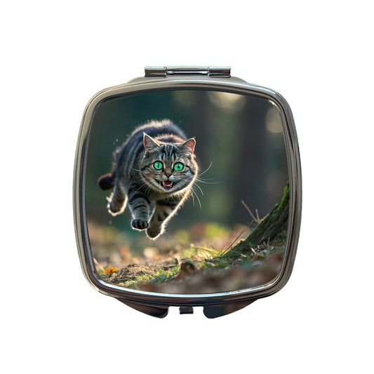Cat Leaping Green Eyes Funny Small Travel Purse Handbag Pocket Makeup Compact Mirror