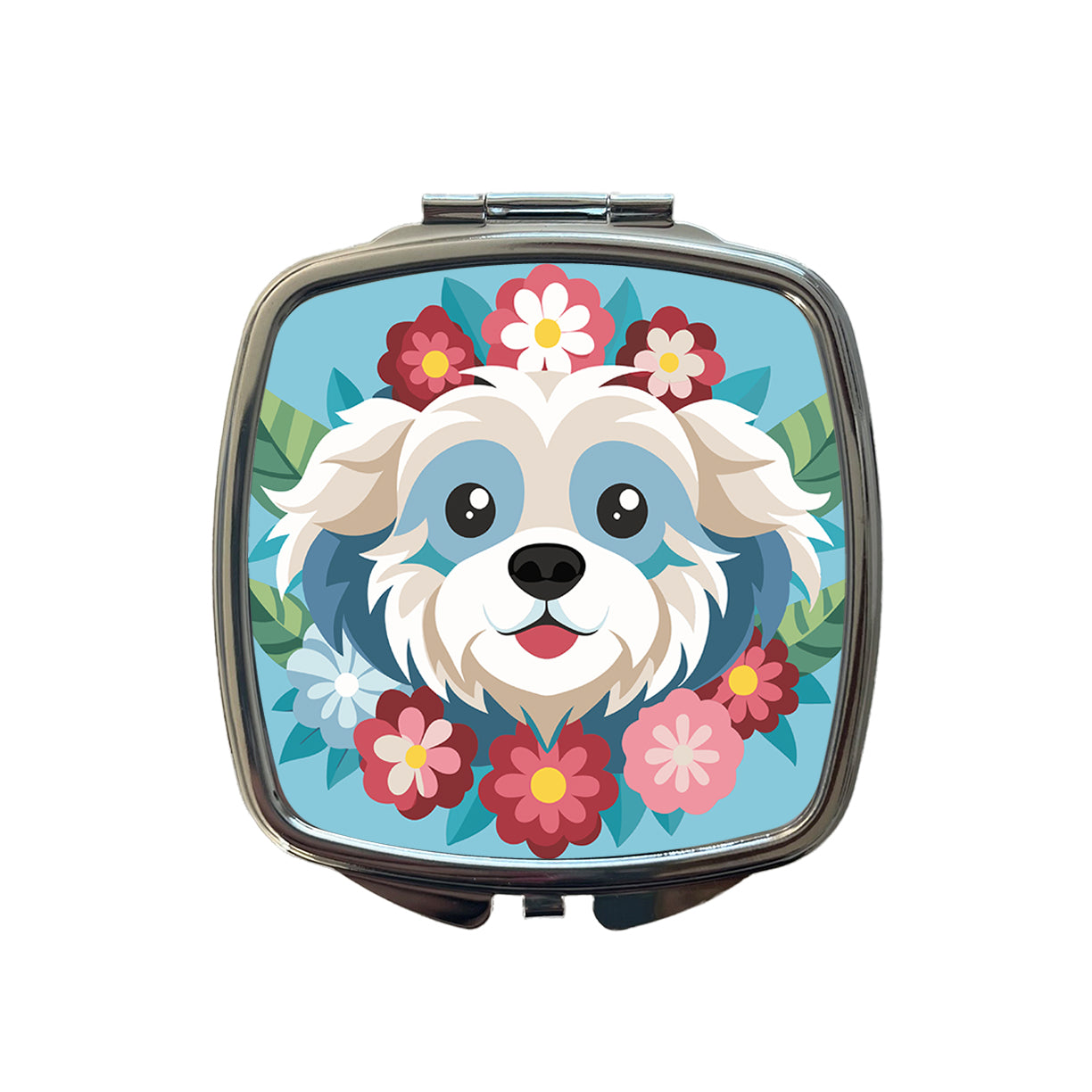 Cavachon Head Floral Dog Motif Blue Background Small Travel Purse Handbag Pocket Makeup Compact Mirror
