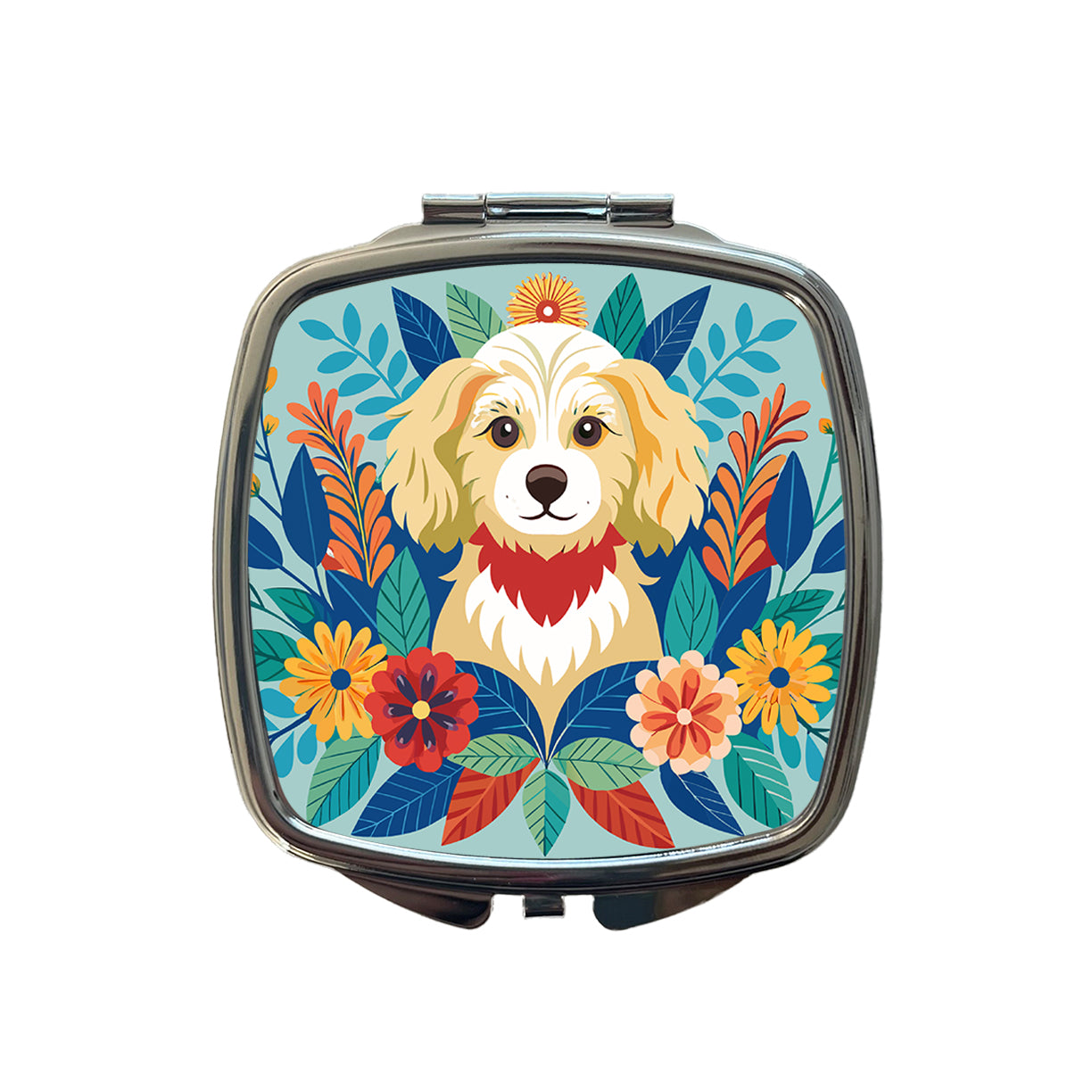 Cavapoo Floral Motif Dog Blue Small Travel Purse Handbag Pocket Makeup Compact Mirror