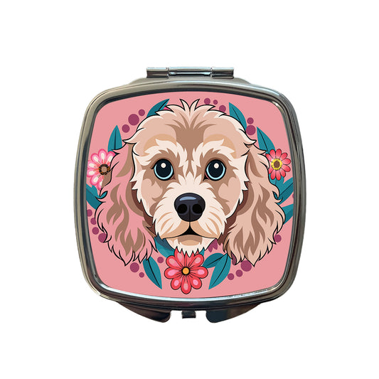 Cavapoo Head Floral Motif Pink Dog Small Travel Purse Handbag Pocket Makeup Compact Mirror