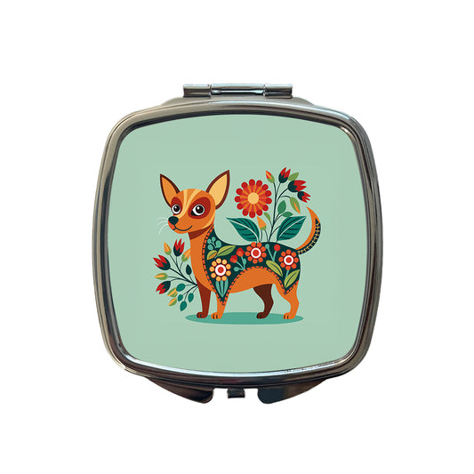 Chiweenie Floral Motif Cute Dog Small Travel Purse Handbag Pocket Makeup Compact Mirror