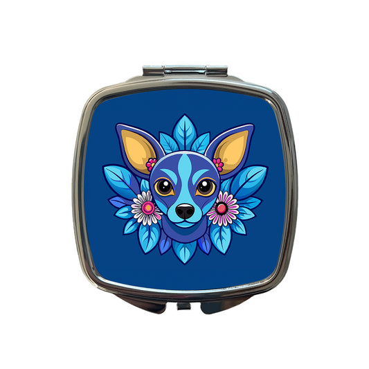 Chiweenie Head Floral Motif Blue Dog Small Travel Purse Handbag Pocket Makeup Compact Mirror