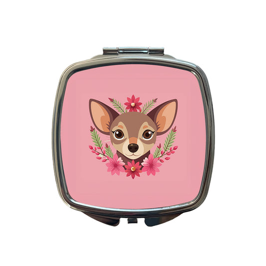 Chiweenie Head Floral Motif Pink Dog Small Travel Purse Handbag Pocket Makeup Compact Mirror