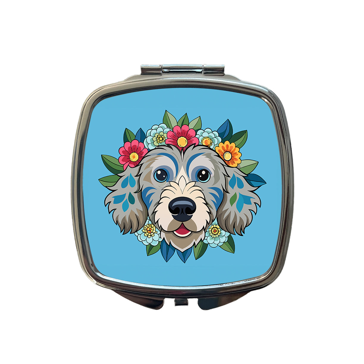 Cockapoo Head Floral Motif Light Blue Dog Small Travel Purse Handbag Pocket Makeup Compact Mirror