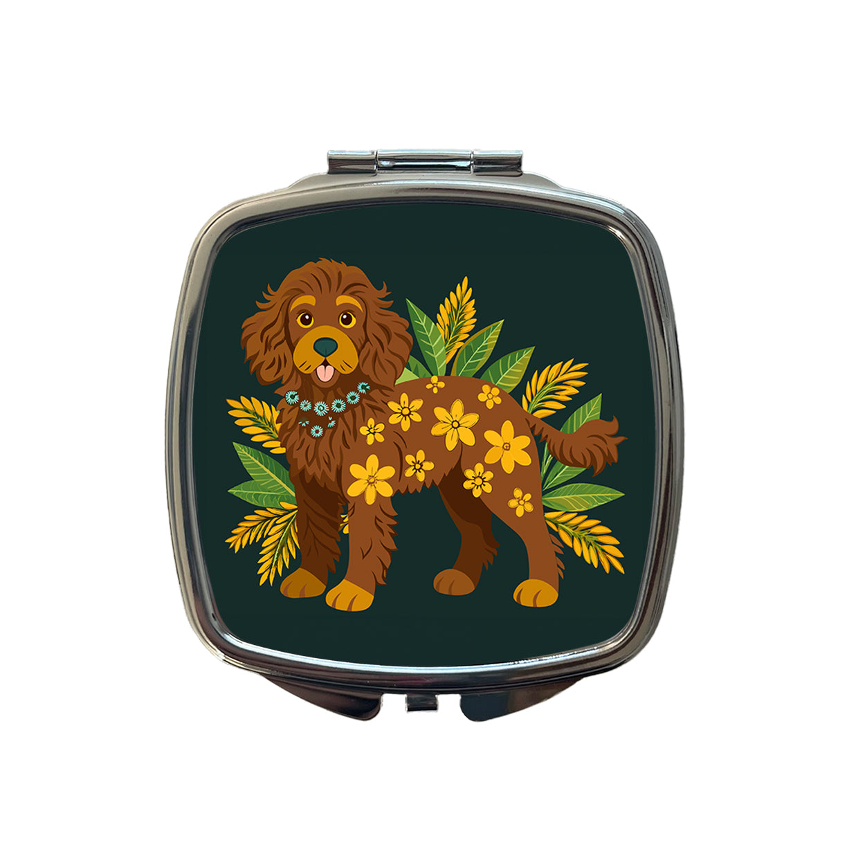 Dark Brown Golden Doodle Floral Motif Green Dog Small Travel Purse Handbag Pocket Makeup Compact Mirror