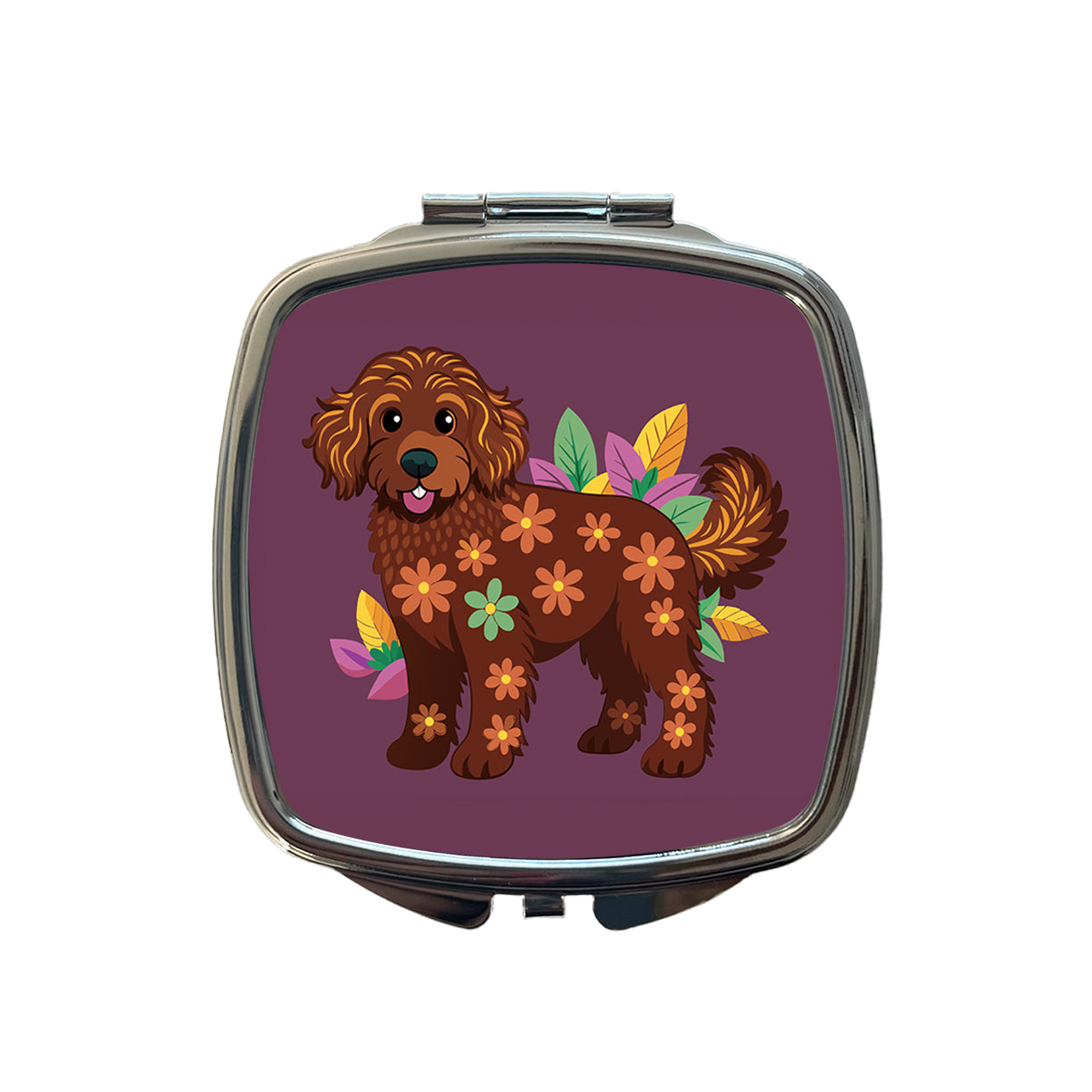 Dark Brown Golden Doodle Floral Motif Purple Dog Small Travel Purse Handbag Pocket Makeup Compact Mirror