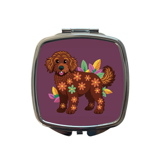 Dark Brown Golden Doodle Floral Motif Purple Dog Small Travel Purse Handbag Pocket Makeup Compact Mirror
