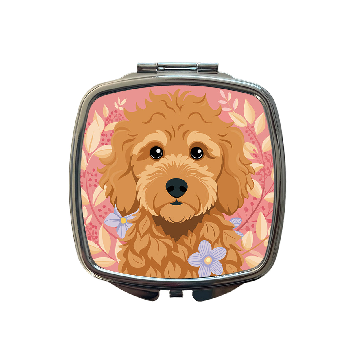 Golden Doodle Brown Head Floral Motif Pink Dog Small Travel Purse Handbag Pocket Makeup Compact Mirror