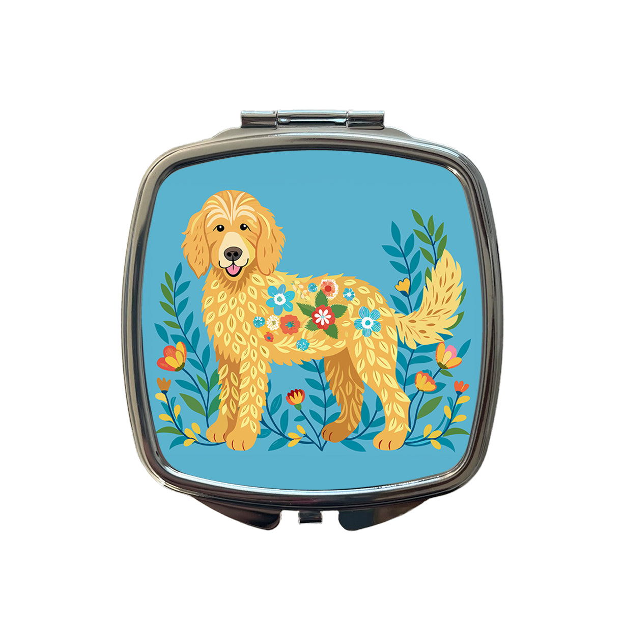Golden Doodle Floral Motif Blue Dog Small Travel Purse Handbag Pocket Makeup Compact Mirror