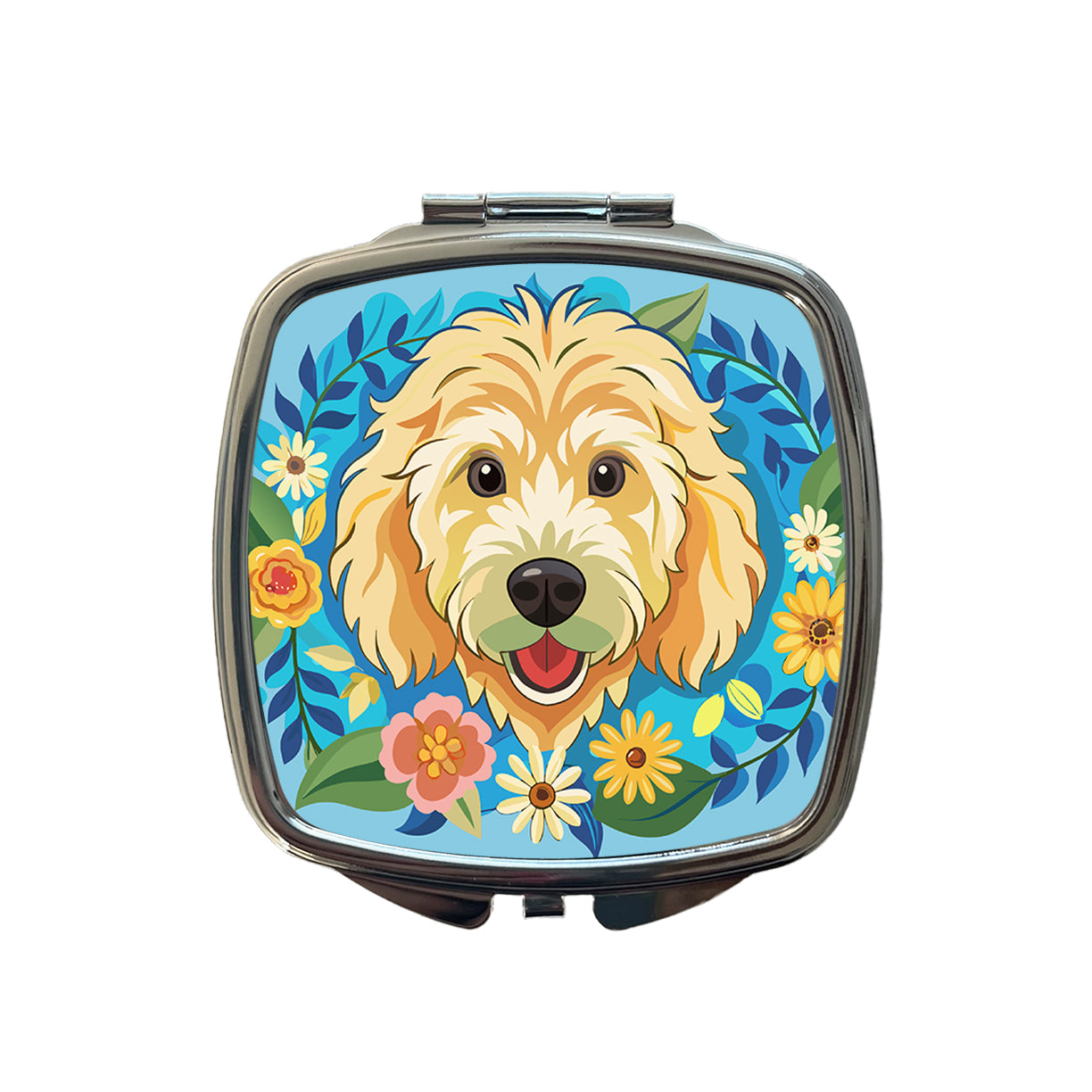 Golden Doodle Head Floral Motif Blue Background Dog Small Travel Purse Handbag Pocket Makeup Compact Mirror
