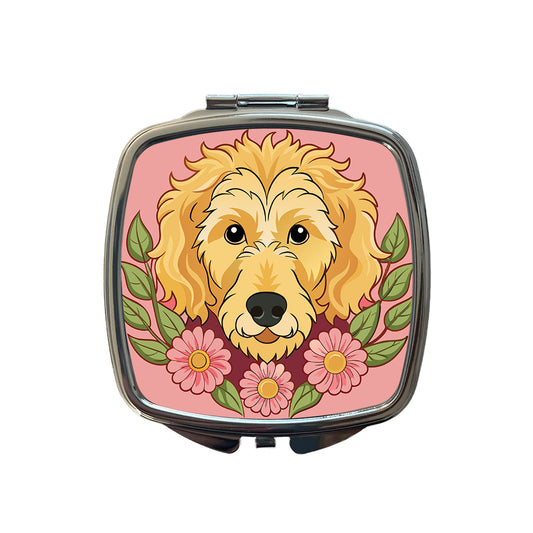 Golden Doodle Head Floral Motif Pink Dog Small Travel Purse Handbag Pocket Makeup Compact Mirror