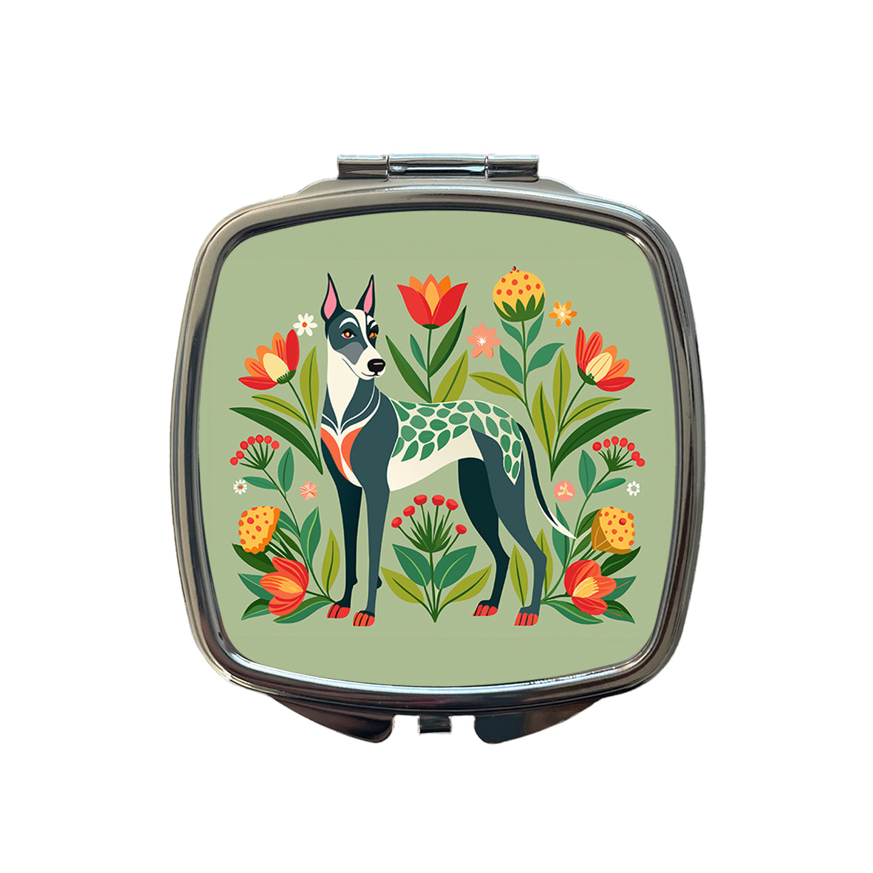 Great Dane Floral Motif Dog Standing Small Travel Purse Handbag Pocket Makeup Compact Mirror