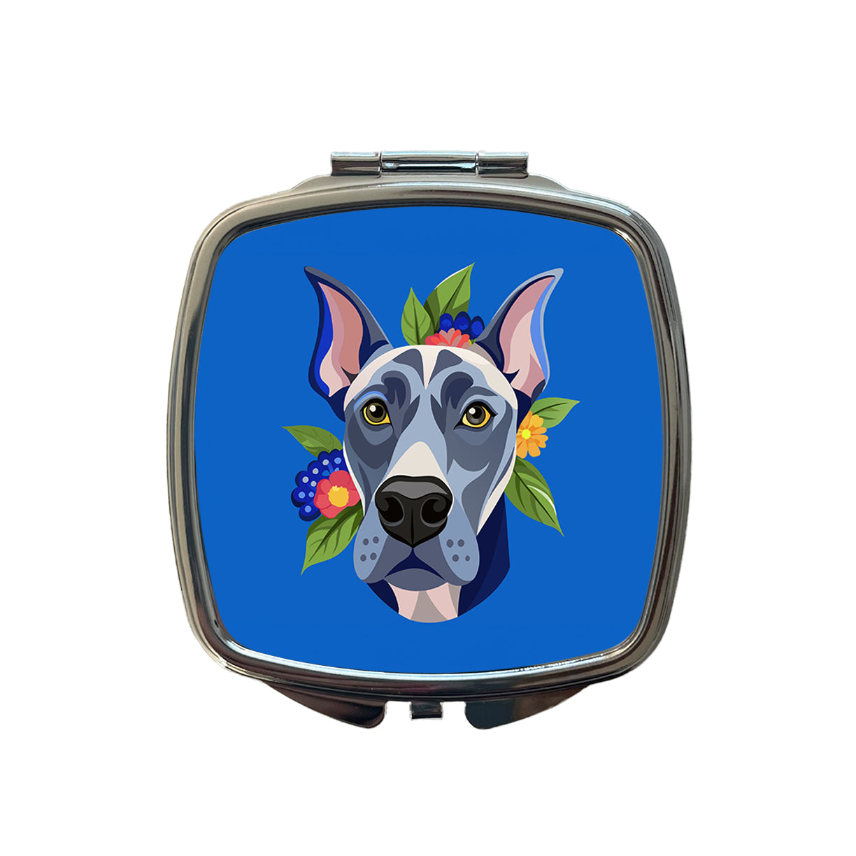 Great Dane Head Floral Motif Blue Dog Small Travel Purse Handbag Pocket Makeup Compact Mirror