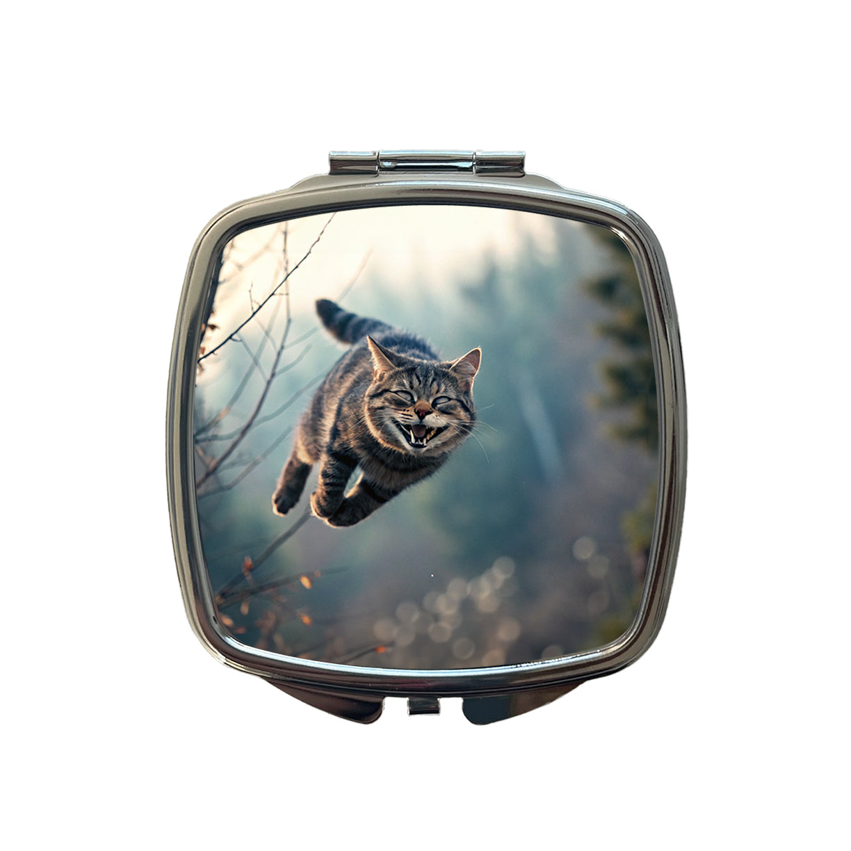 Leaping Funny Cat Grinning Small Travel Purse Handbag Pocket Makeup Compact Mirror