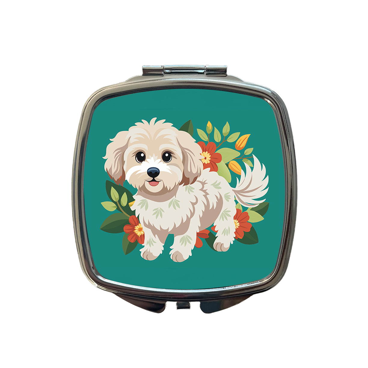Maltipoo Floral Motif Dog Standing Small Travel Purse Handbag Pocket Makeup Compact Mirror
