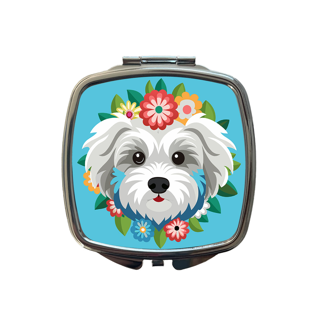 Maltipoo Head Floral Motif Blue Dog Small Travel Purse Handbag Pocket Makeup Compact Mirror
