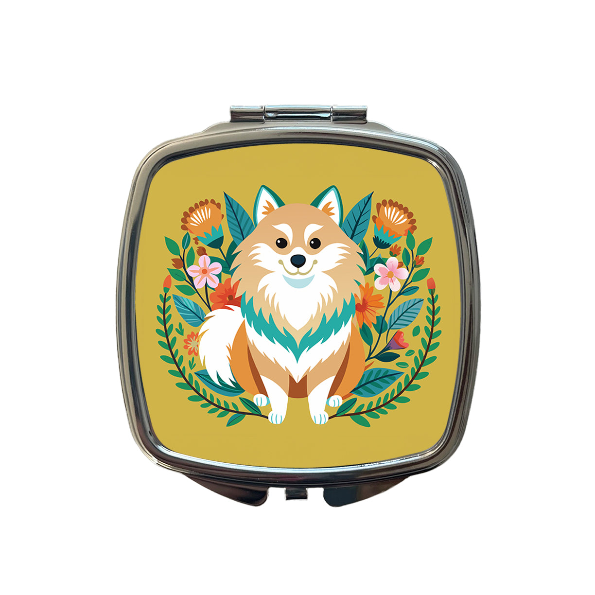 Pomsky Floral Motif Dog Small Travel Purse Handbag Pocket Makeup Compact Mirror