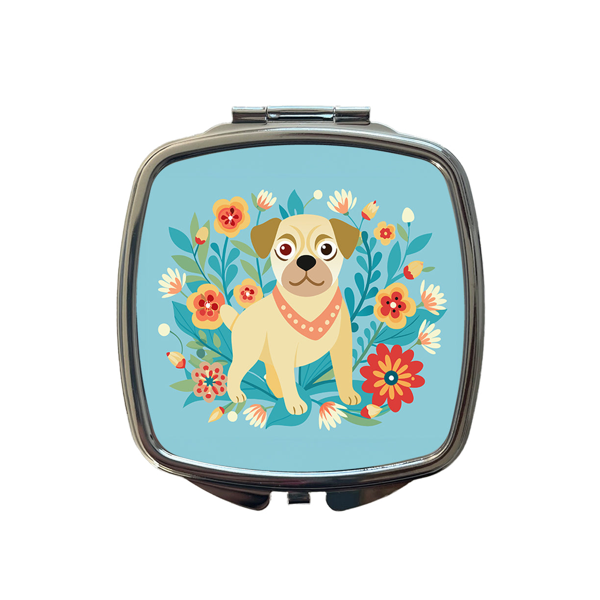 Puggle Floral Motif Blue Dog Small Travel Purse Handbag Pocket Makeup Compact Mirror