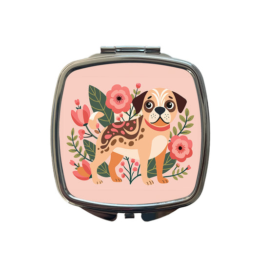 Puggle Floral Motif Pink Dog Small Travel Purse Handbag Pocket Makeup Compact Mirror