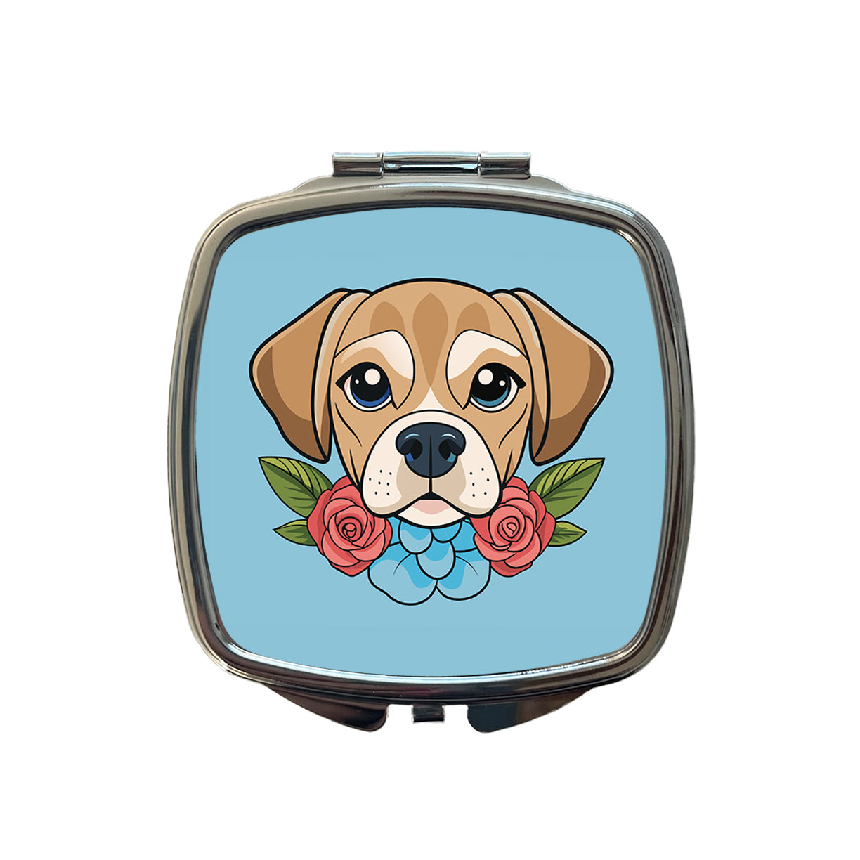 Puggle Head Floral Motif Blue Dog Small Travel Purse Handbag Pocket Makeup Compact Mirror