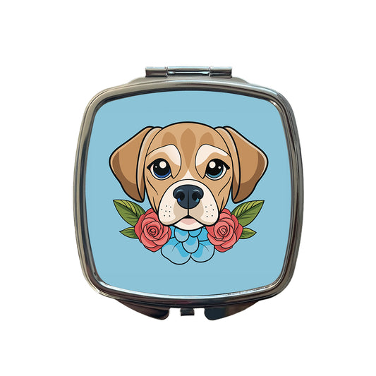 Puggle Head Floral Motif Blue Dog Small Travel Purse Handbag Pocket Makeup Compact Mirror