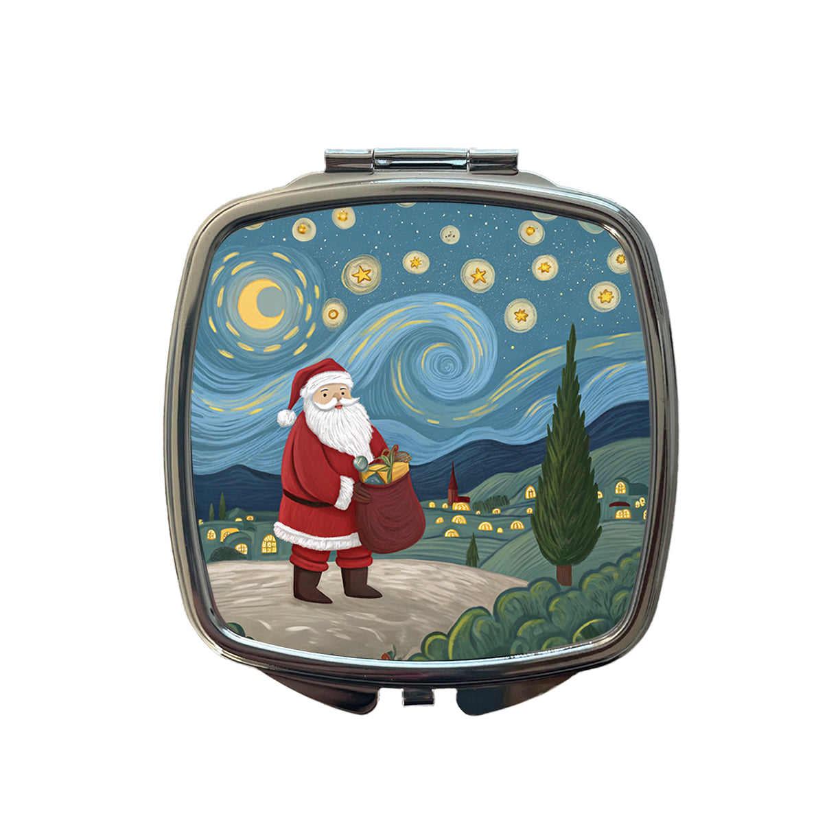 Santa Van Gogh Starry Night Christmas Funny Small Travel Purse Handbag Pocket Makeup Compact Mirror