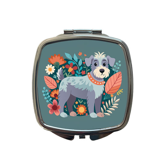 Schnoodle Floral Motif Dog Gray Small Travel Purse Handbag Pocket Makeup Compact Mirror