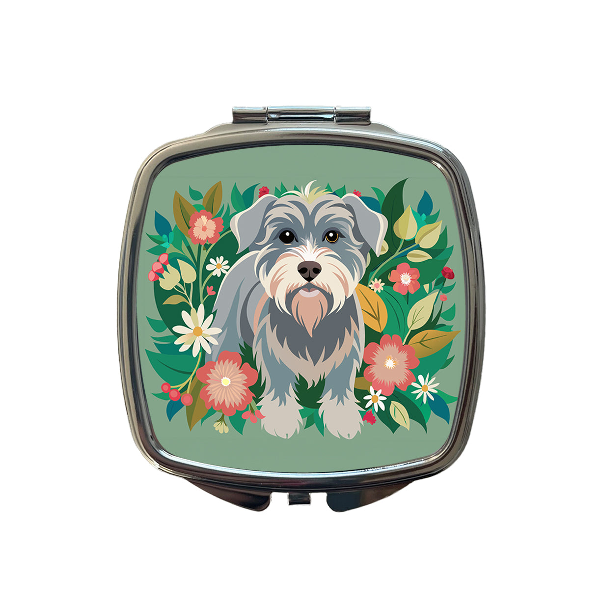 Schnoodle Floral Motif Green Dog Small Travel Purse Handbag Pocket Makeup Compact Mirror